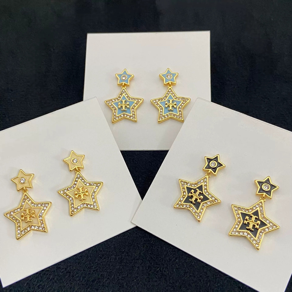 Tory Burch Five Point Star Earrings Enamel Full Diamond Gold Plated